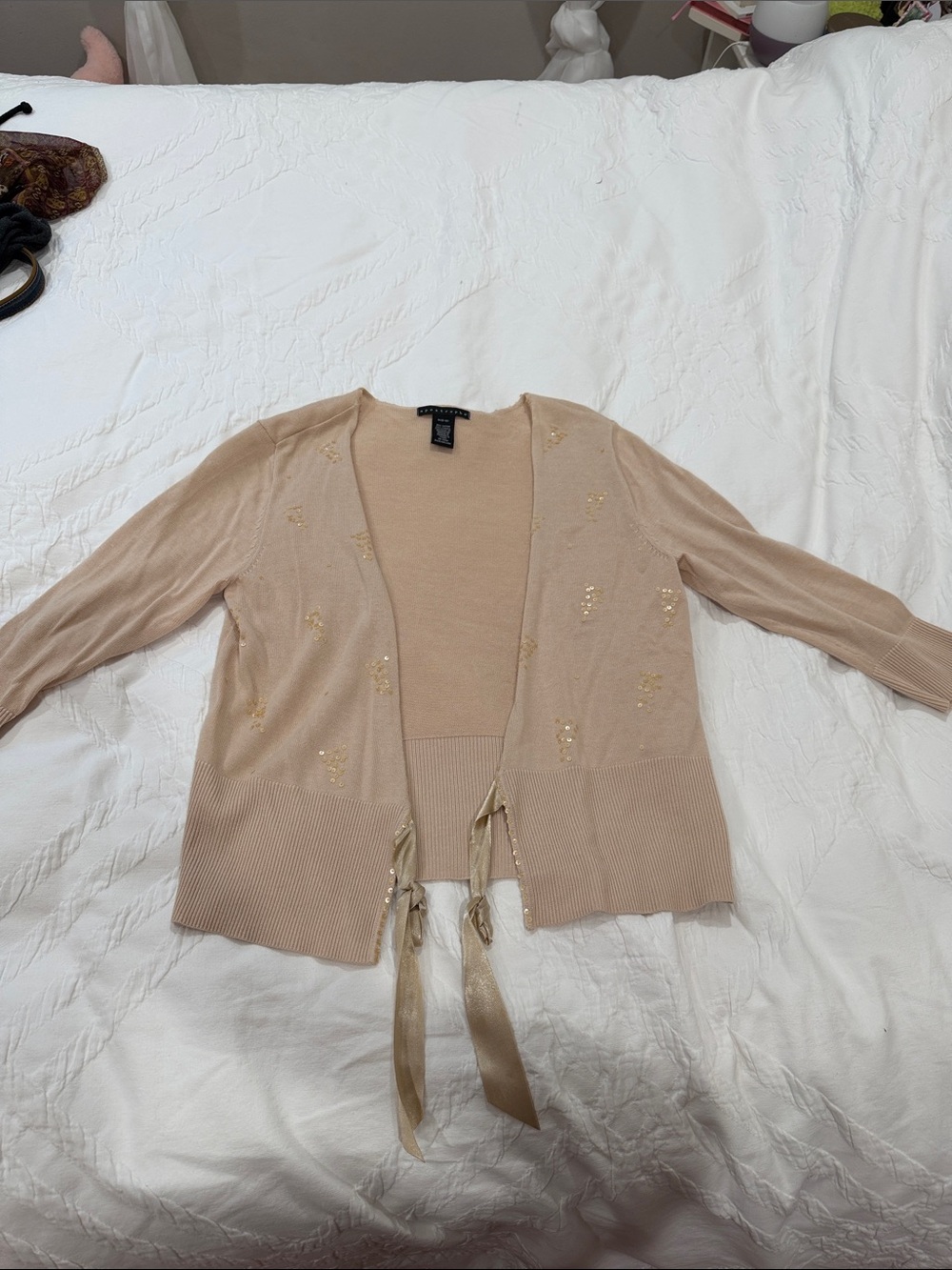 Apostrophe Beige Tie-Front Cardigan with Sequin Accents